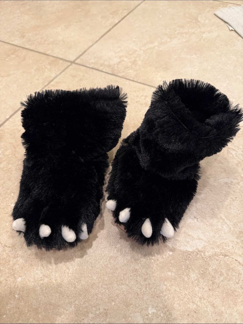 Black Furry Bear Paw Slippers with White Claws